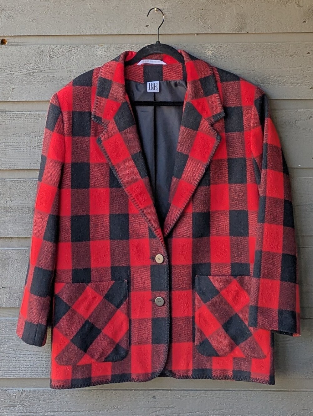 VTG 80s B.E. Red and Black Buffalo Plaid Wool Blend Blazer Size Large